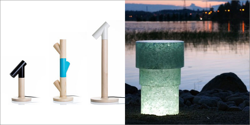 左:LED照明器具の製造元「Upwood design(アップウッド・デザイン)」にデザインした卓上ランプ。右:2014年にユヴァスキュラ市に提供したPollard(ポッラルド)公共ランプの原料はリサイクルガラス。画像提供:ヨナス・ハカニエミ